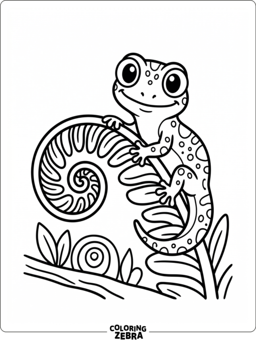 A simple gecko sits on a curled fern leaf