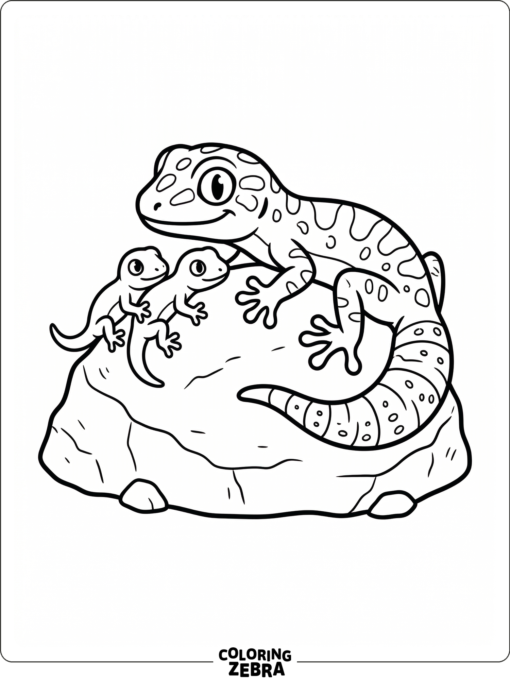 A gecko family resting together on a rock