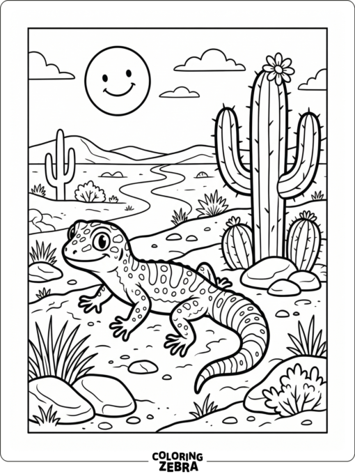 A gecko in a desert scene with cactus and stones