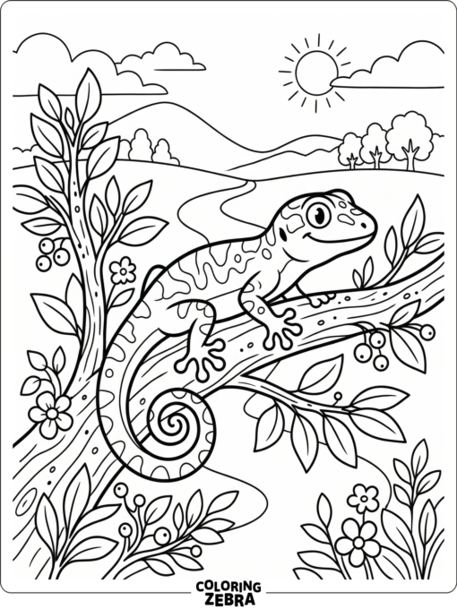 A gecko lizard curls its tail on a branch