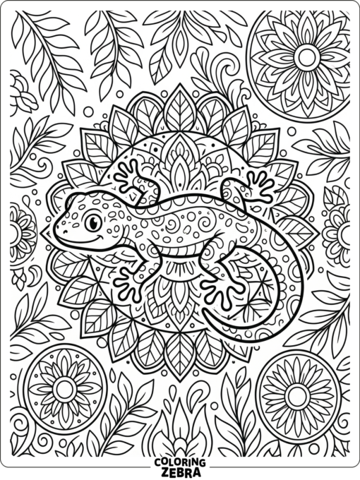 A gecko rests inside simple mandala circles and leaf patterns