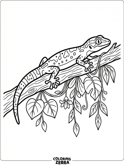 A gecko resting along a branch with leaves