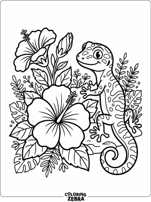 A gecko near flowers and tropical leaves