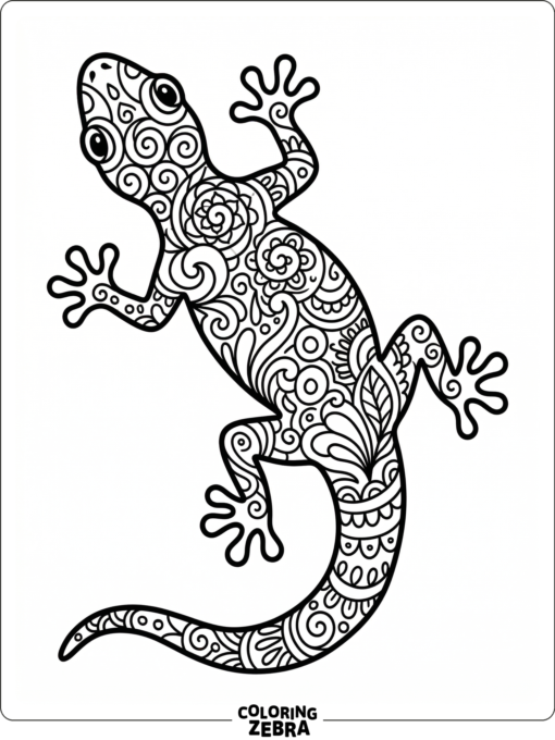 A gecko covered in swirling zentangle patterns
