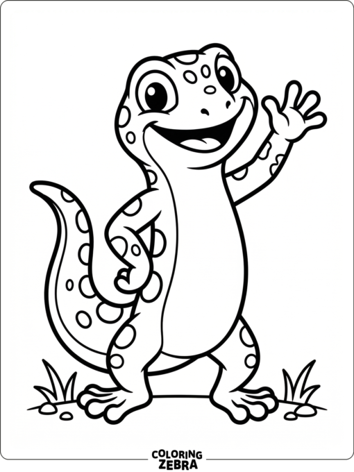 A cartoon gecko mascot waves with a cheerful grin