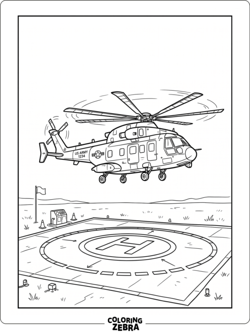 Military helicopter hovering above a landing pad