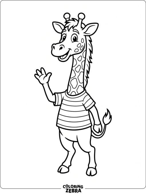 A smiling giraffe mascot waving hello