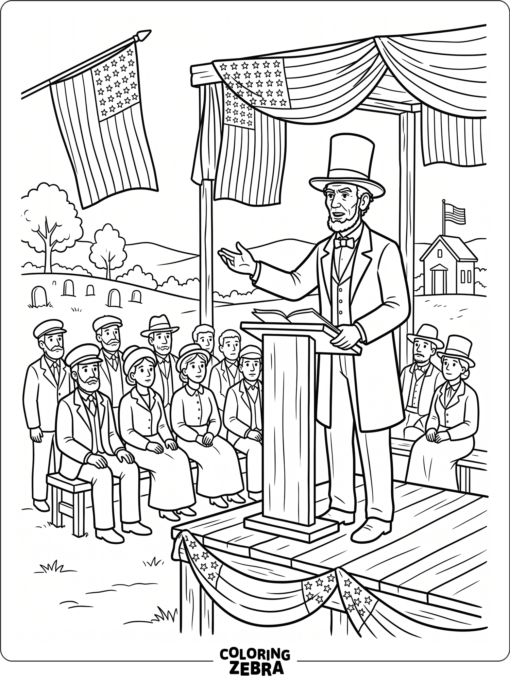 Lincoln speaking at Gettysburg with flags nearby