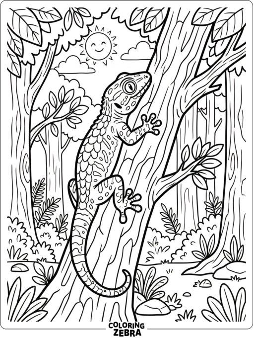 A giant gecko climbs a tree trunk in a simple forest scene