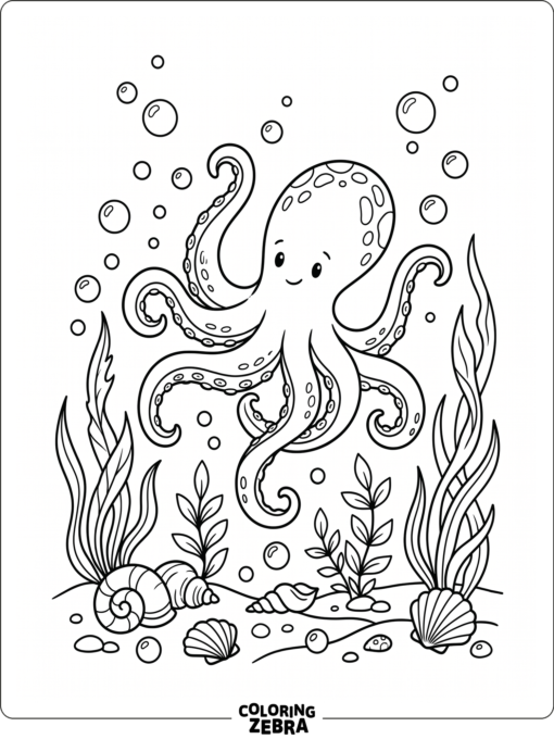 An octopus surrounded by bubbles, shells, and sea grass