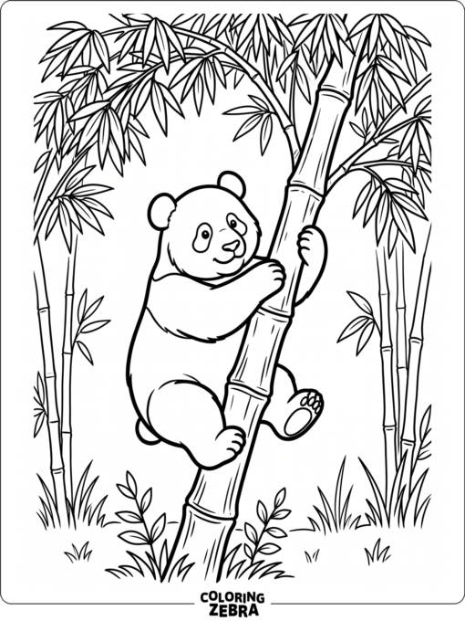 A giant panda climbs a bamboo trunk under leafy branches