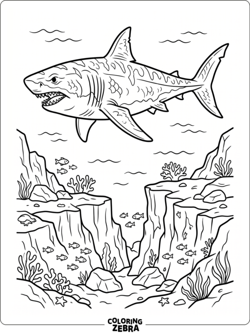 A giant prehistoric shark over an ocean trench