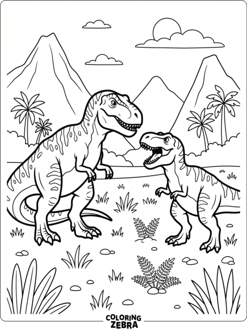 A Gigantosaurus facing a T Rex in a field