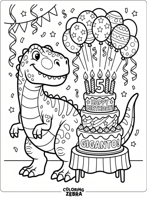 A Gigantosaurus next to a birthday cake and balloons