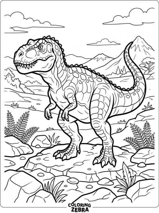 A Gigantosaurus standing on rocks with ferns around it