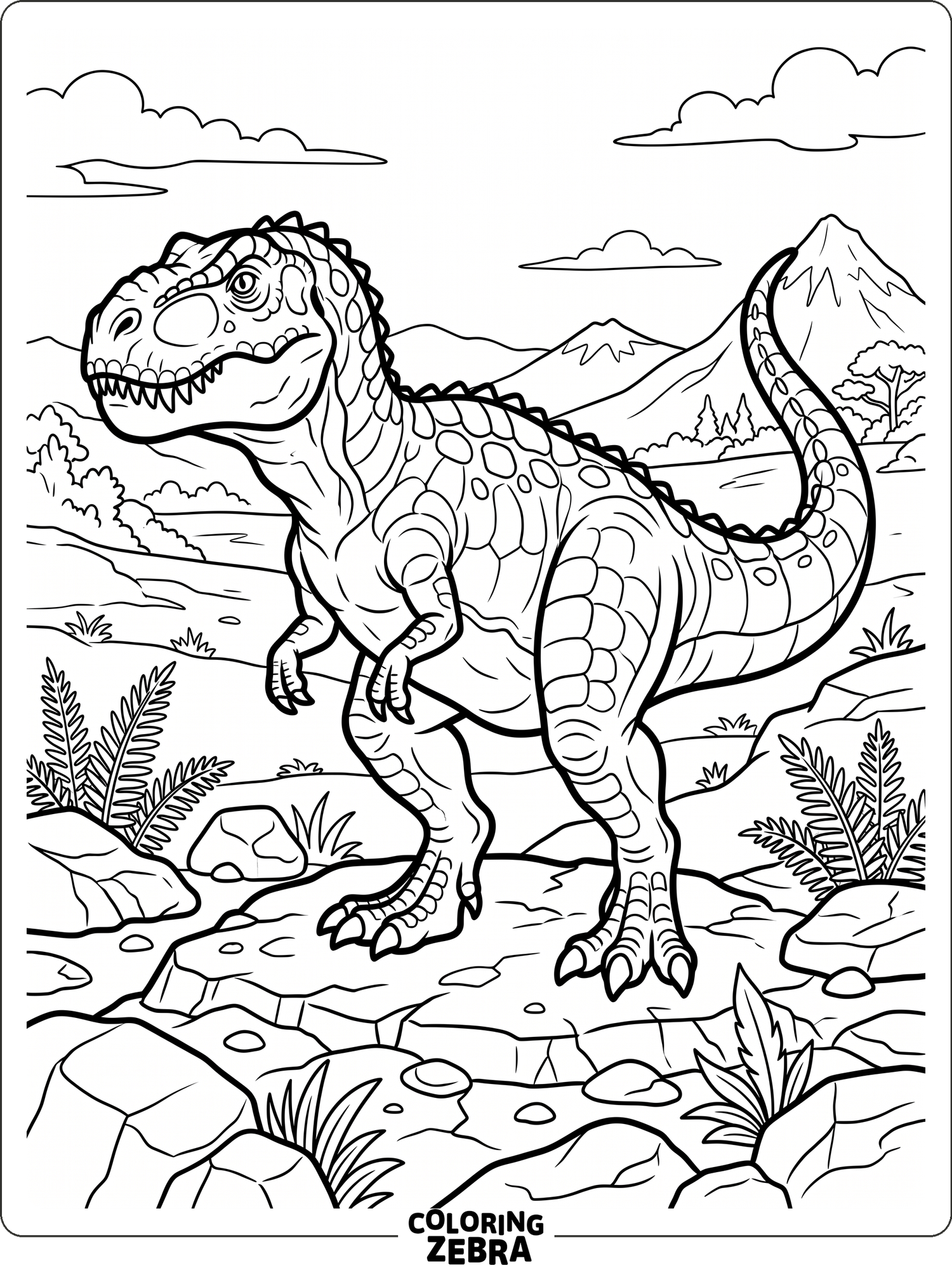 A Gigantosaurus standing on rocks with ferns around it