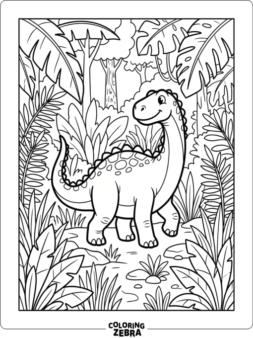 A Gigantosaurus walking through jungle plants