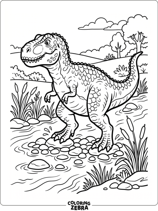 A Gigantosaurus walking through a river