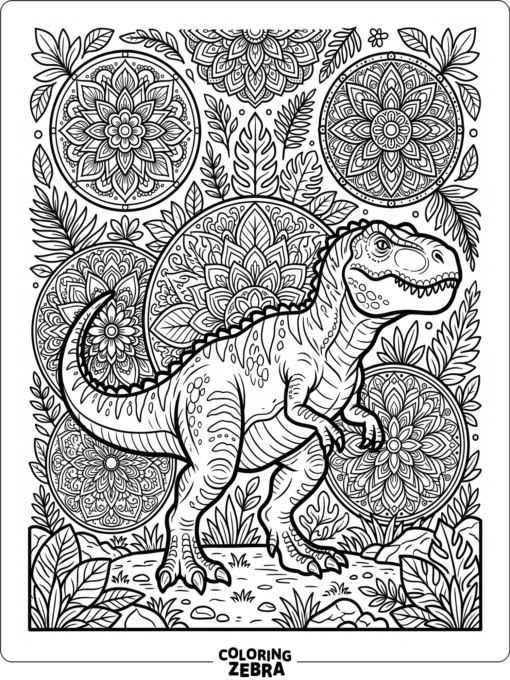 A Gigantosaurus framed by mandala patterns