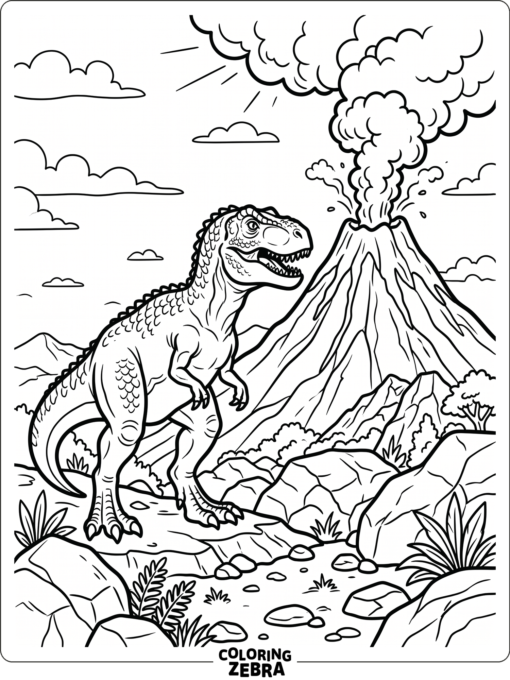 A Gigantosaurus near a smoking volcano