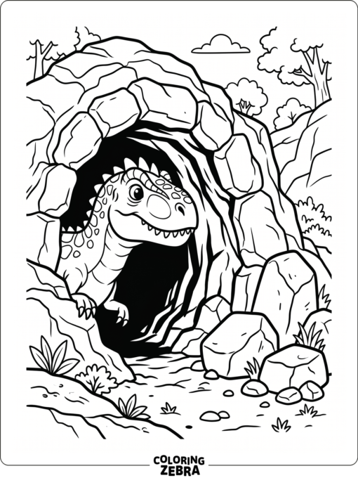 A Gigantosaurus beside a cave entrance