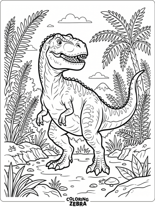 A Gigantosaurus standing by ferns in a prehistoric scene