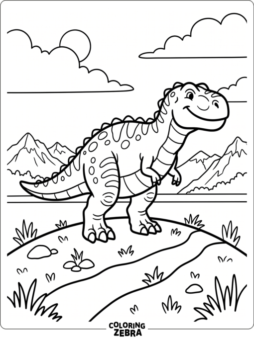 A Gigantosaurus standing with mountains in the distance