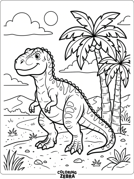 A Gigantosaurus standing near palm trees
