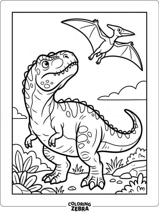 A Gigantosaurus watching a pterodactyl above