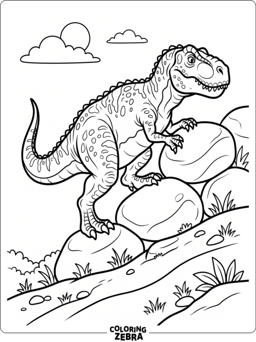 A Gigantosaurus climbing over rocks on a hillside