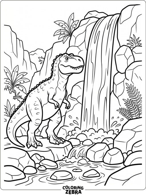 A Gigantosaurus near a waterfall