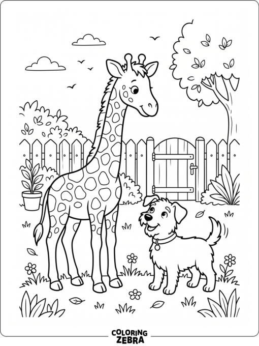 A giraffe standing beside a dog in a yard