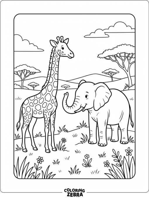 A giraffe and elephant facing each other in grass