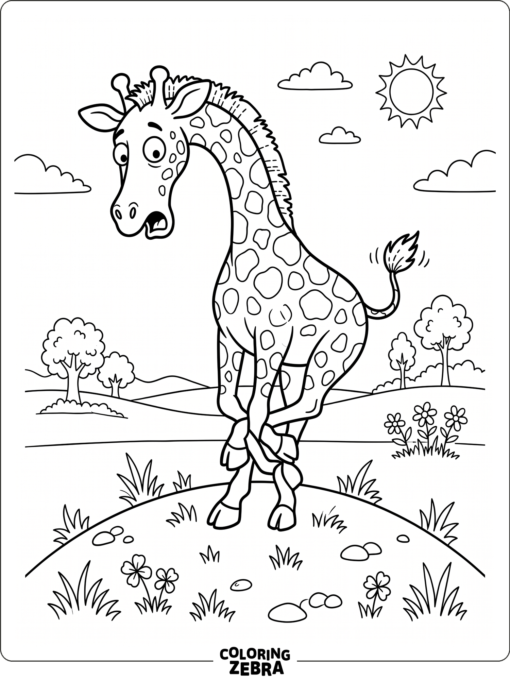 A giraffe looking surprised on a small hill
