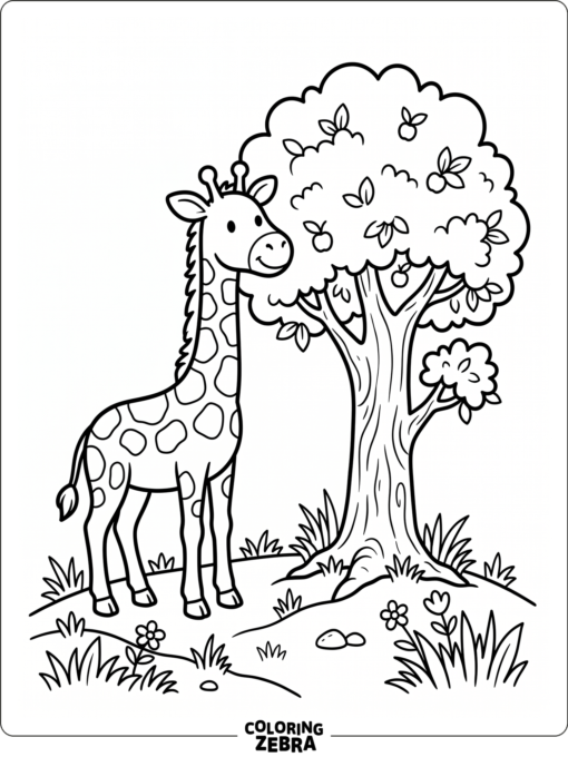 A giraffe beside a tree with simple grass for kids