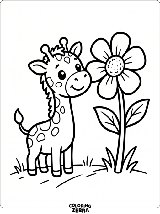 A tiny giraffe with a big flower and simple outline