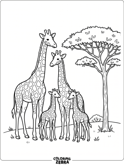 A giraffe family stands together by a small tree