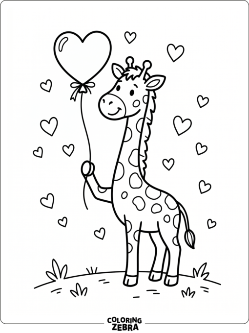 A giraffe with a heart balloon and small hearts