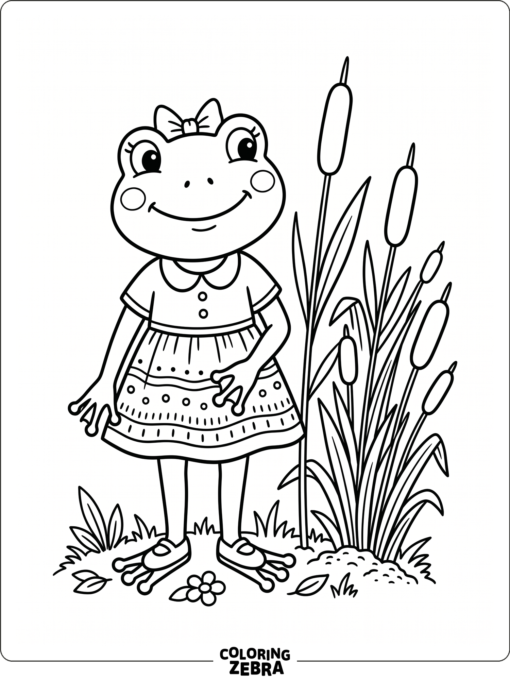 A girl frog with a bow and dress near reeds