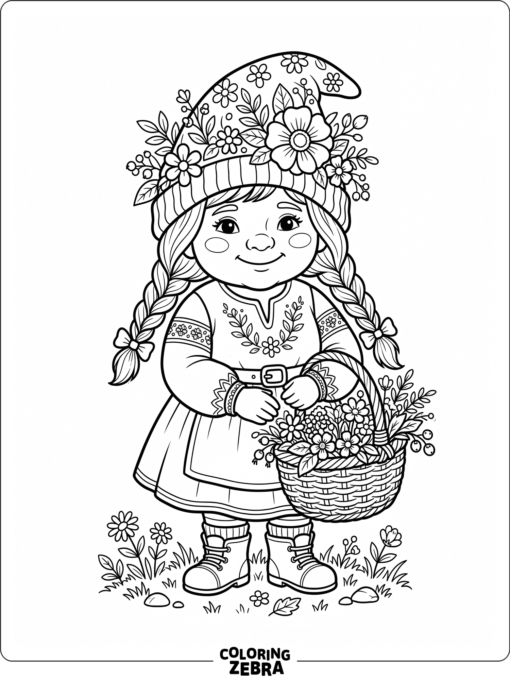 A girl gnome with braids and a basket