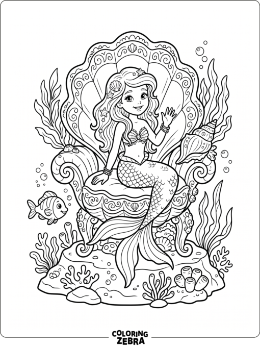 A girl mermaid sitting on a shell throne