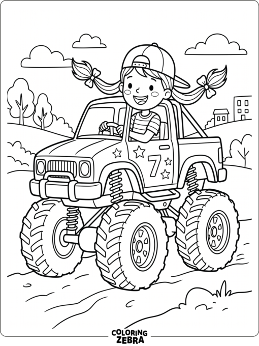 Girl driving a monster truck with pigtails