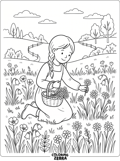 A girl kneeling to pick flowers in a meadow