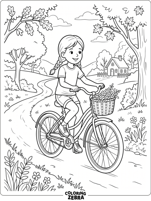 A girl rides a bicycle with a basket on the front