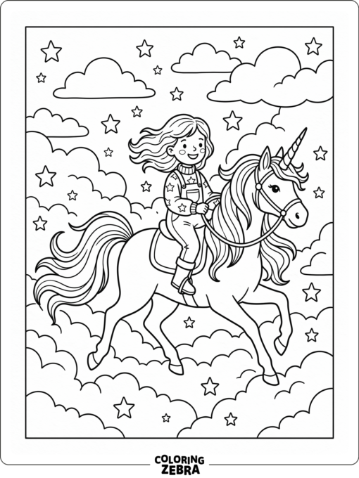 A girl riding a unicorn through clouds