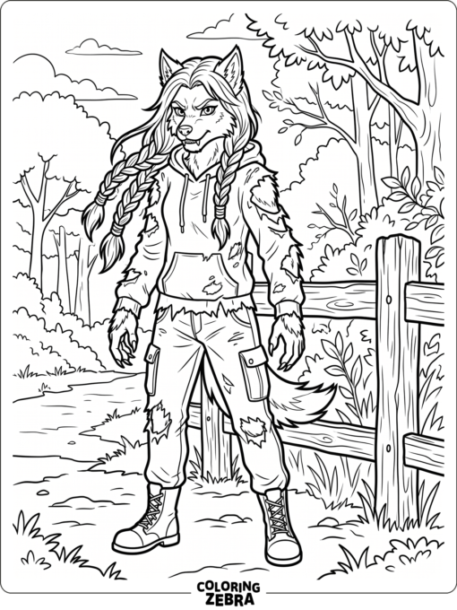 A girl werewolf with braids and a ripped hoodie