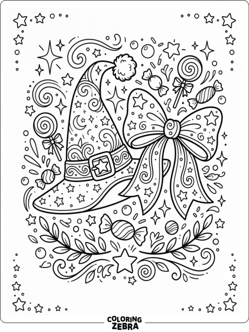 A pretty Halloween design with stars, candy, bow, and witch hat