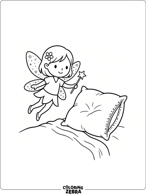 A fairy with glittery wings and a wand near a pillow
