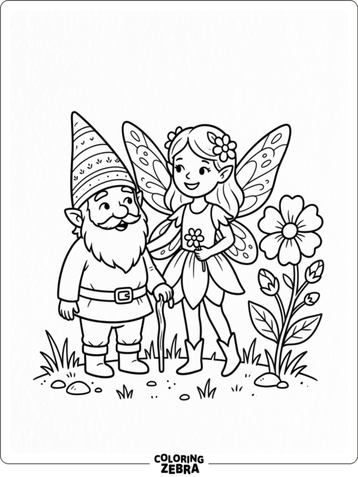 A gnome and a fairy standing near a flower
