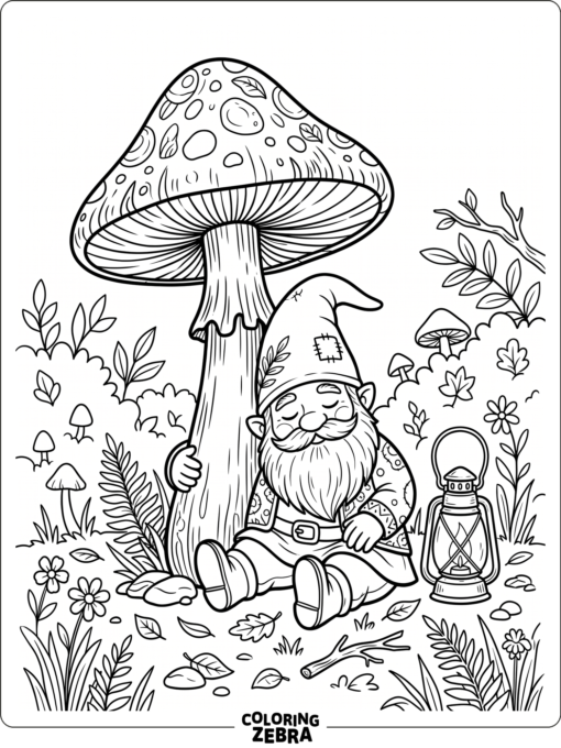 A gnome beside a mushroom and a lantern